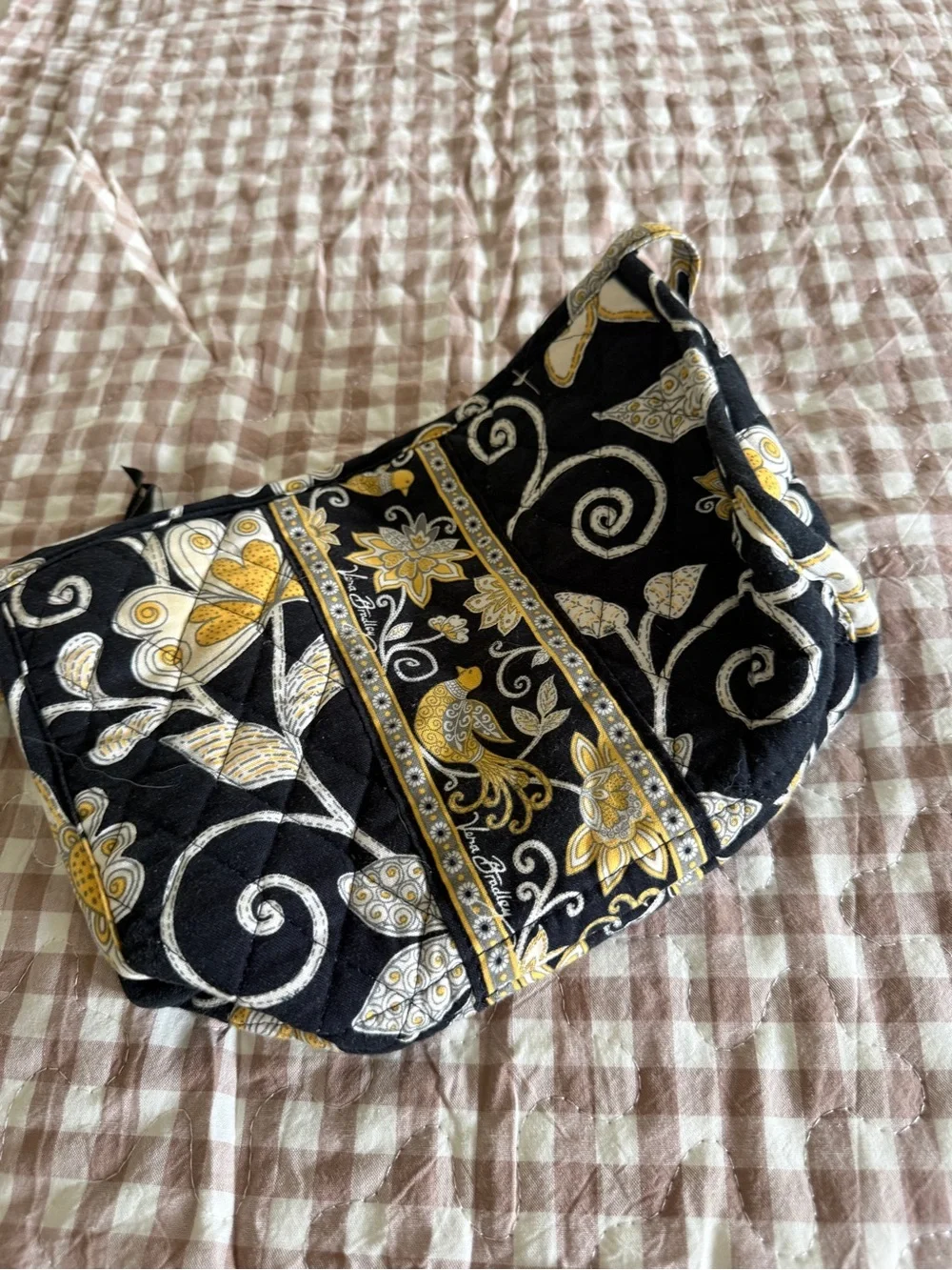 Vera Bradley Black Quilted Wristlet with Gold Floral & Bird Print